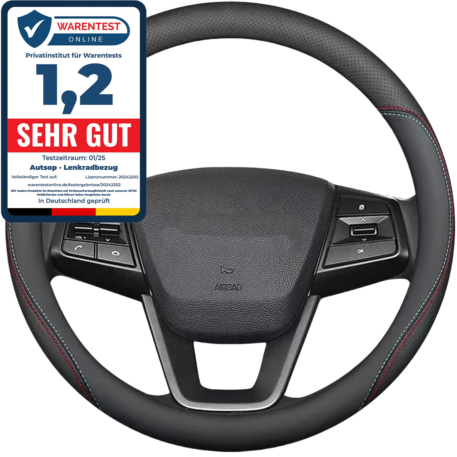 Autsop Lenkradbezug Auto Schwarz Nappa Leder,Rote und Blaue Linien Lenkradbezug Universal Größe 14.5-15 Zoll (37-39cm) Lenkradhülle für Sommer & Winter Auto Zubehör Interieur von Autsop