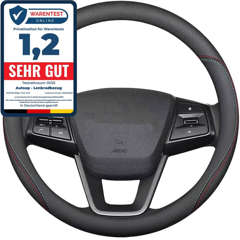 Autsop Lenkradbezug Auto Schwarz Nappa Leder,Rote und Blaue Linien Lenkradbezug Universal Größe 14.5-15 Zoll (37-39cm) Lenkradhülle für Sommer & Winter Auto Zubehör Interieur von Autsop