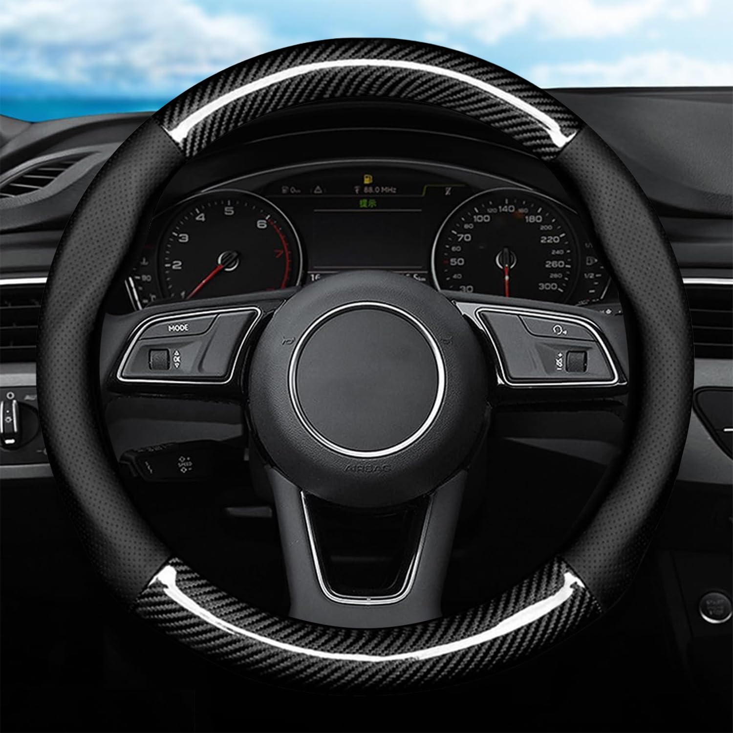 Autsop Lenkradbezug Auto Schwarz Nappa Perforiertes Leder,Kohlefaser Lenkradbezug Universal Größe 14.5-15 Zoll (37-39cm) Lenkradhülle für Sommer & Winter Auto Zubehör Interieur von Autsop