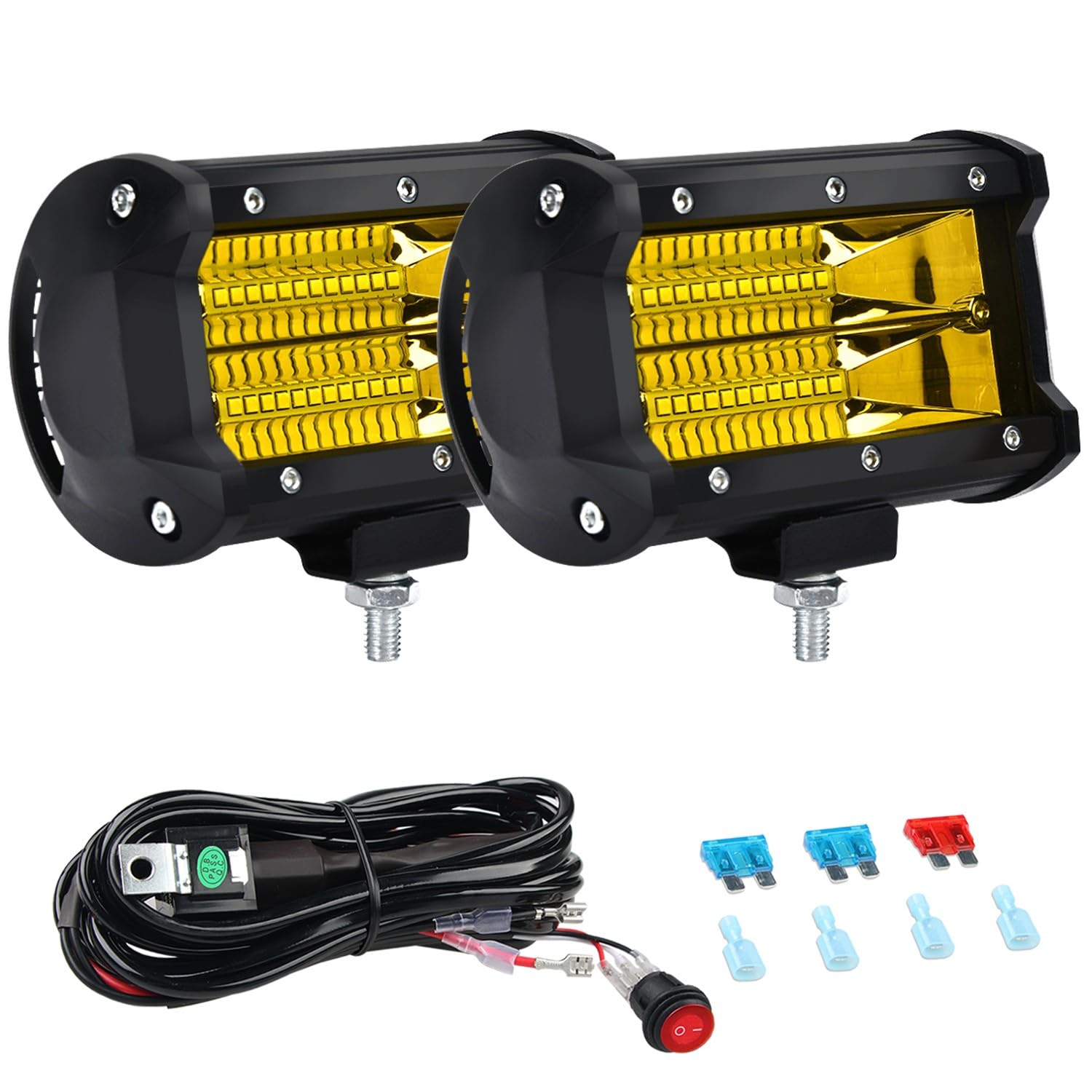 AveneMark 2 Stück 12,7 cm 72 W LED-Lichtleiste Flutlicht Nebelscheinwerfer Off-Road-Lichter mit 16 AWG Kabelbaum-Set, 2 Stück (gelb) von AveneMark
