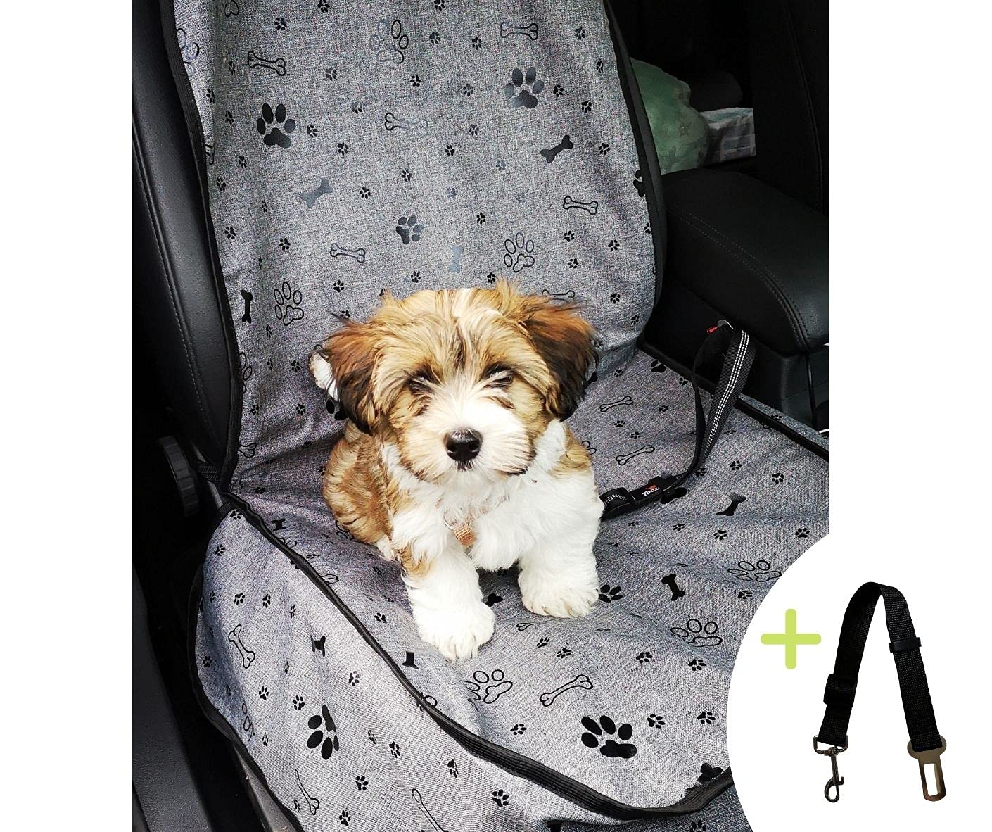 Autositzschoner Hundedecke VORDERSITZE Auto Hund Wasserdicht Decke Vorne Sitzbezug Universal für Haustier mit Sicherheitsgurt (4A. Grau - Pfoten/Knochen) von Aves-24