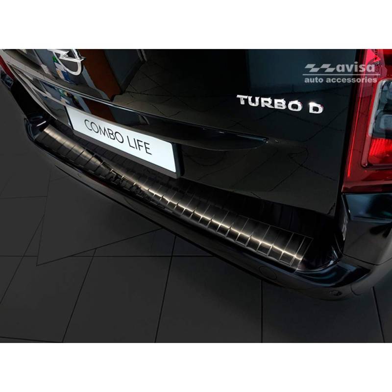 Schwarz Edelstahl Heckstoßstangenschutz kompatibel mit Citroën Berlingo (Multispace) & Peugeot Partner 2008-/Rifter 2018- & Opel Combo E 2018- & Toyota Proace City/Verso 2019- & Fiat Doblo 2022- von Avisa
