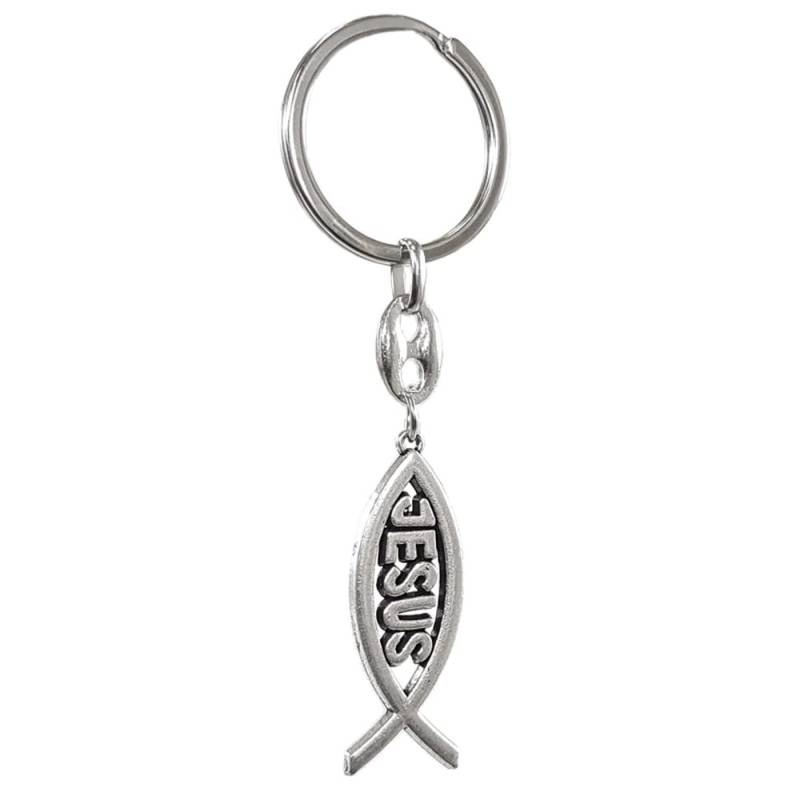 Avisa Schlüsselanhänger aus Edelstahl - 'Ichthys-Symbol mit Aufschrift Jesus' (Silber) von Avisa