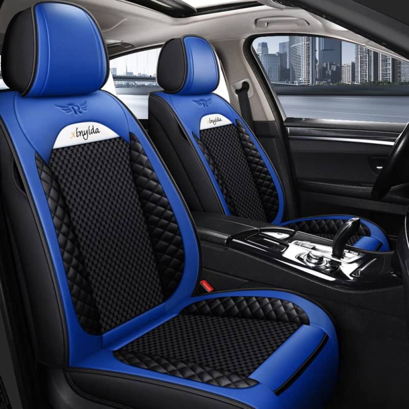 Awotzon Autositzbezüge Vordersitze 2 Stück, Universal Auto-Sitzbezüge PU Leder Set für Limousinen und SUV Pick-up Truck, Autositzschoner Wasserdicht Kratzfest Blau von Awotzon