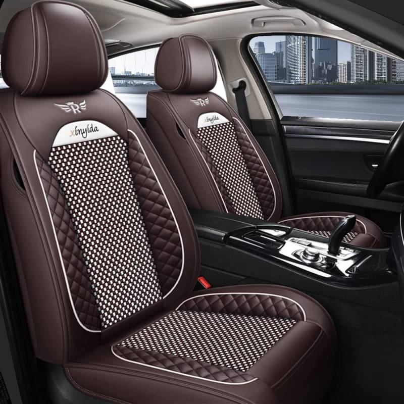 Awotzon Autositzbezüge Vordersitze 2 Stück, Universal Auto-Sitzbezüge PU Leder Set für Limousinen und SUV Pick-up Truck, Autositzschoner Wasserdicht Kratzfest Kaffee von Awotzon
