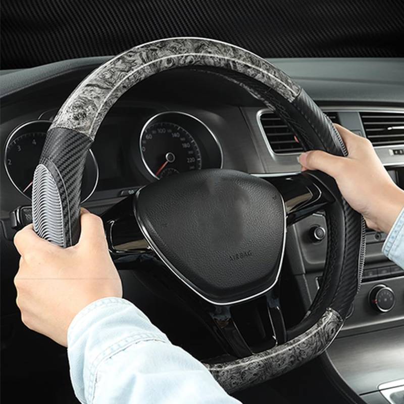 Awotzon Crystal Mahogany Pattern Lenkradabdeckung ABS Carbon Fibre Steering Wheel Wrap Protector 38cm/15 inch Lenkradschutz Anti-Rutsch Universal(Schwarz) von Awotzon
