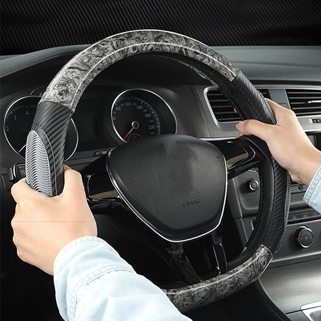 Awotzon Crystal Mahogany Pattern Lenkradabdeckung ABS Carbon Fibre Steering Wheel Wrap Protector 38cm/15 inch Lenkradschutz Anti-Rutsch Universal(Schwarz orange) von Awotzon
