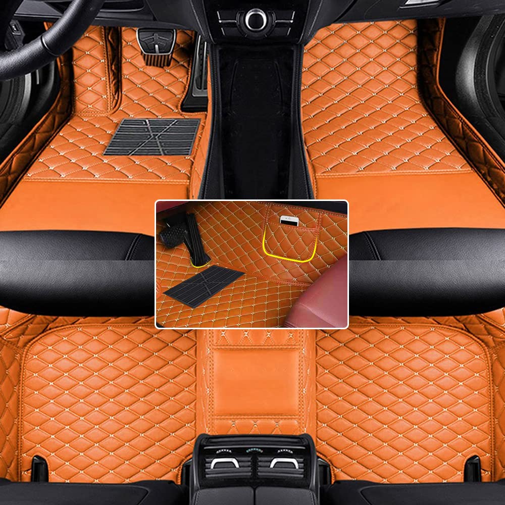 Nach Maß Auto Fussmatten PU Leder Auto Fußmatten Wasserdicht rutschfest Allwetterschutz Benutzerdefinierte Automatten für 98% Kraftfahrzeuge,2000-2024（Orange） von Awotzon