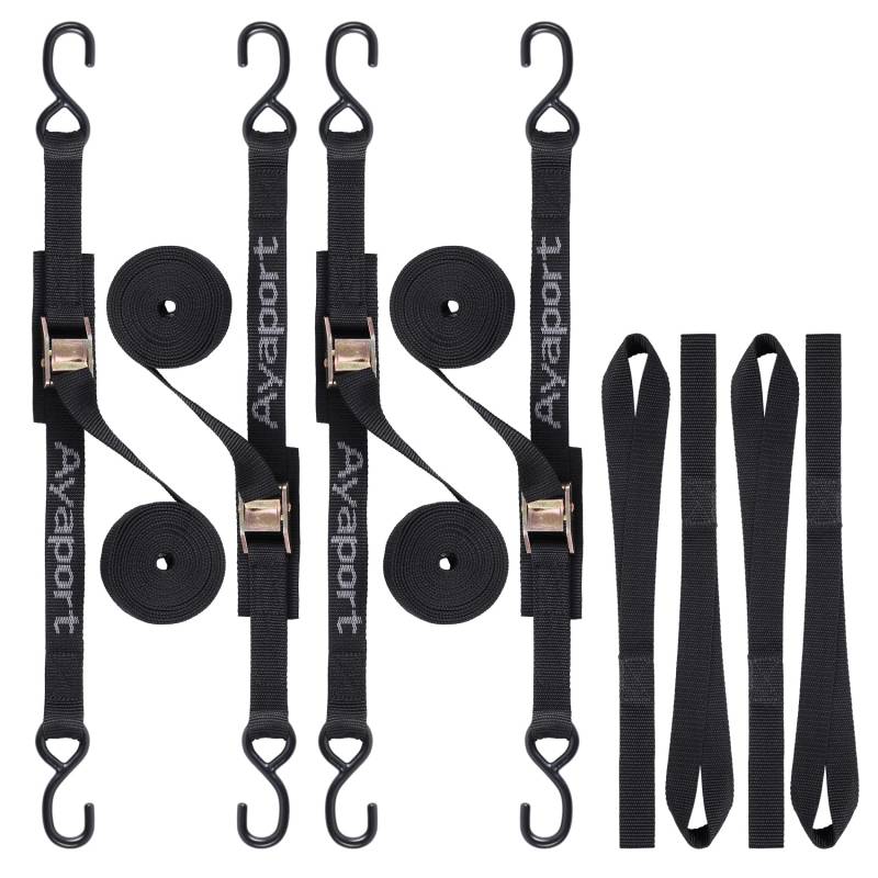 Ayaport Cam Buckle Tie Down Straps 4 x 1000kgs Break Strength Securing Straps with S Hooks for Motorcycle, Kayak, Car, Truck, Boat, Dirt Bike, Pack of 4 (1.8Mx2.5CM) von Ayaport