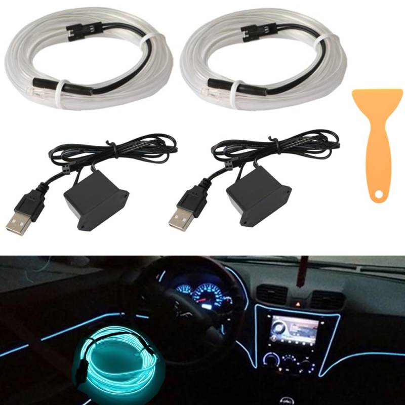2 Stück 5m Innenraumbeleuchtung,USB EL Wire,Auto Led Innenbeleuchtung,1 Schaber,Neonlichtröhre 5V Neonröhre Lichter,Streifen,Innenverkleidung Gap Dekorative mit 2 Stück USB-Port für Auto-Eisblau von AzulLanse