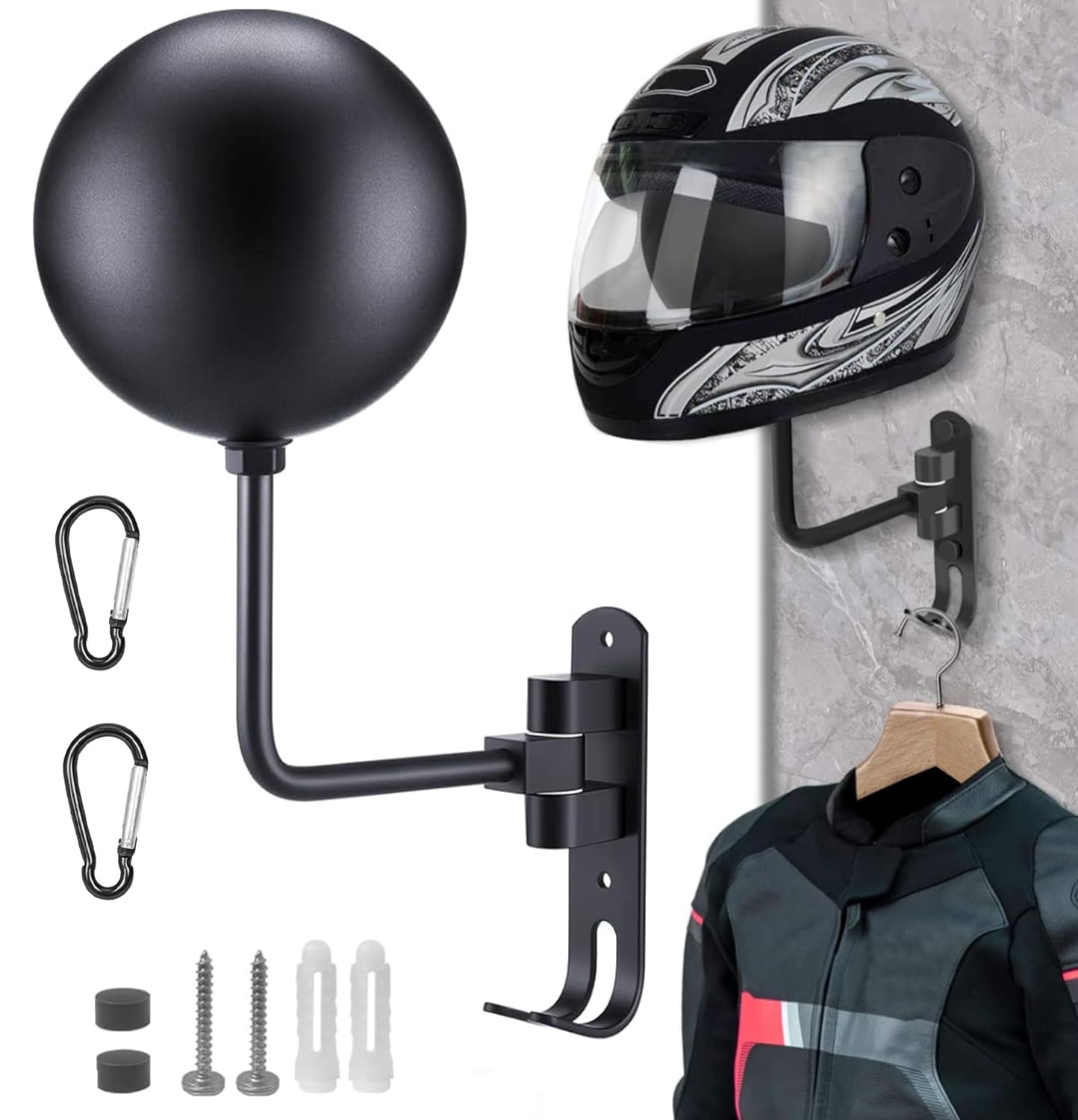 Helmhalterung für Motorrad, Wandmontage 180° Drehung Metall Fahrradhelm Halterung Fahrradhelm Display Aufhänger Ständer mit 2 Haken +2 Karabiner (schwarz) von AzulLanse
