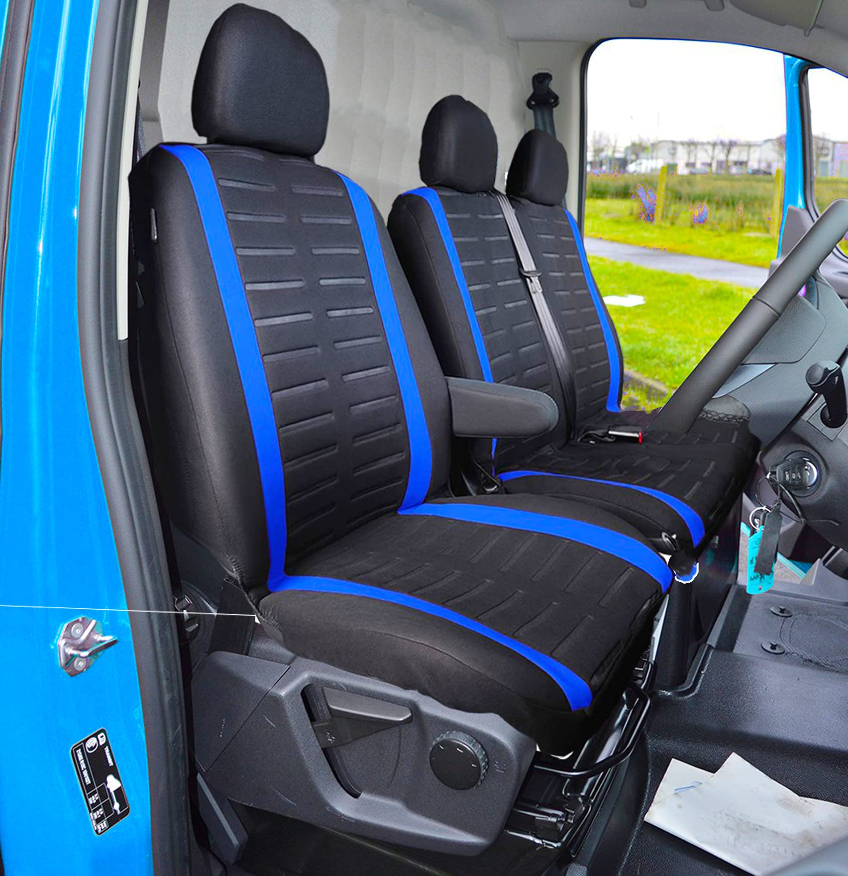 Sitzbezüge für Lieferwagen, universelle Passform für die meisten LKWs, Lieferwagen, LKWs, Vordersitzbezüge, Einzel- und Doppelsitzbezüge, 3D-Streifen-Druck, Blau (blau) von BAAZ