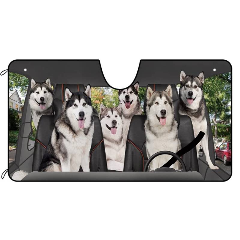 BAGEYOU Auto Windschutzscheibe Sonnenschutz Alaska Hunde Familie Fahrzeug Front Windschutzscheibe Sonnenschutz UV-Strahlen Reflektor Sonnenschutz Sonnenschutz Visier, hält Fahrzeug kühl, 140 x 76 cm von BAGEYOU