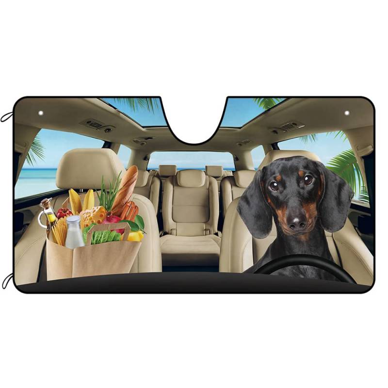 BAGEYOU Hunde Auto Front Windschutzscheibe Sonnenschutz Schwarz Dackel im Strand Fahrzeug Sonnenschutz UV-Strahlen Reflektor Sonnenschutz Halten Sie Fahrzeug kühl, 140 x 76 cm, 4 Stile optional von BAGEYOU