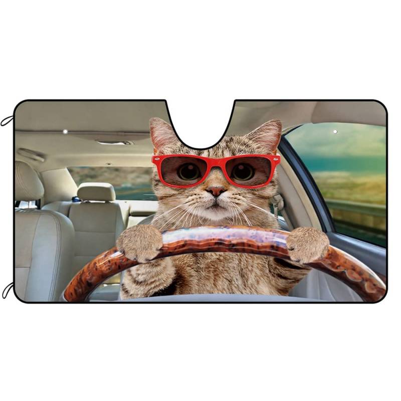 BAGEYOU Hunde-Auto-Windschutzscheibe, Sonnenschutz, Schottische Kurzhaar-Katze in Sonnenbrille, Dekor, Fahrzeug-Sonnenschutz, UV-Strahlen-Reflektor, Sonnenschutz, hält das Fahrzeug kühl, 130 x 68 cm von BAGEYOU