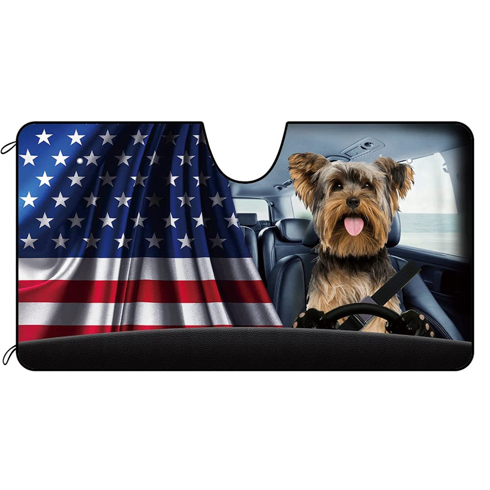 BAGEYOU Hunde-Auto-Windschutzscheibe Sonnenschutz Yorkshire Terrier Yorkie mit amerikanischer US-Flagge Dekor Fahrzeug-Sonnenschutz, UV-Strahlen-Reflektor, hält das Fahrzeug kühl, 130 x 68 cm von BAGEYOU