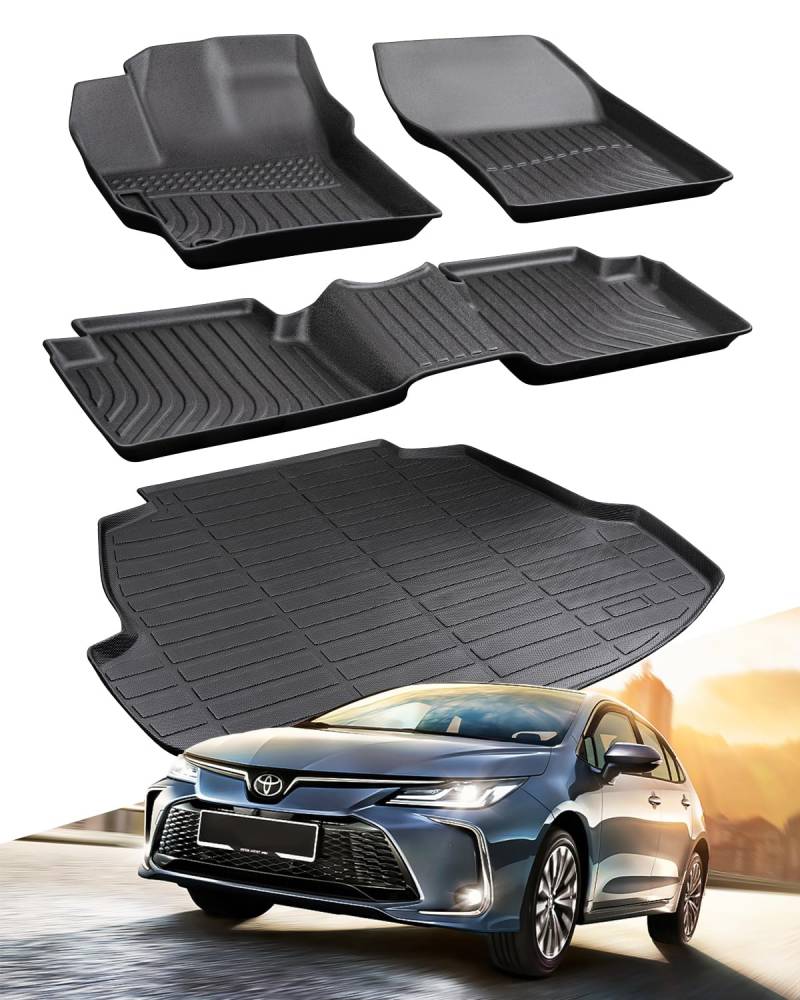 BAMACAR Für Toyota Corolla 2020 2021 2022 Fußmatten (TPE), 2020–2022 Allwetterschutz, 2 Reihen und Kofferraumwanne, schwarzes Gummi, 4 Stück von BAMACAR