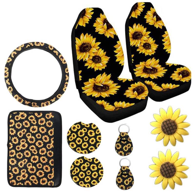 BAOK Sonnenblume Autositzbezüge Komplettes Set | Sonnenblume Lenkradbezug | Auto Becherhalter Untersetzer und Sonnenblume Schlüsselanhänger für Auto, insgesamt von BAOK