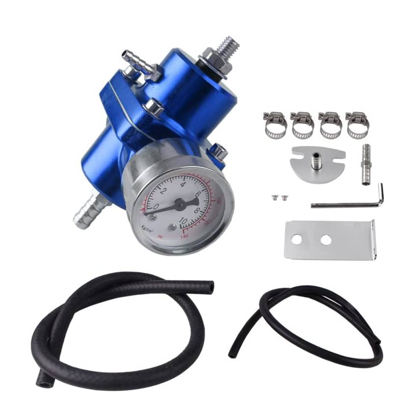 BARTOO Universelles verstellbares Kraftstoffdruckregler-Set, Aluminium-Kraftstoffregler, verstellbarer Gas-Öl-Einspritzdruckregler mit 0-140 PSI Messgerät, Blau von BARTOO