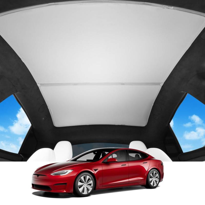 BASENOR Tesla Model S 2022-2025 Sonnenschutz, Kariertes Glasdach, UV-Schutz, Faltbares Sonnendach, Wärmeisolierung, Geteilter Typ, Verbessertes Design von BASENOR