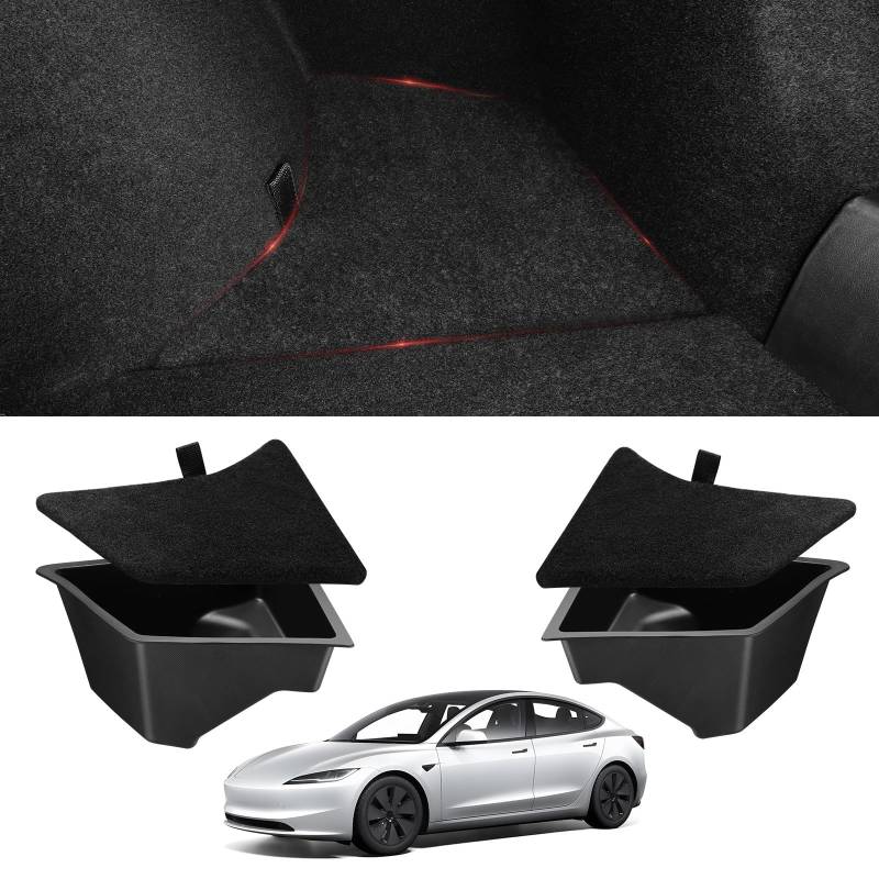 BASENOR 2024 2025 Tesla Model 3 Highland Kofferraum Organizer wasserdichter Kofferraum-Aufbewahrungsbehälter Seitenbox mit Teppichboden, Innenausstattung 2 PCS von BASENOR