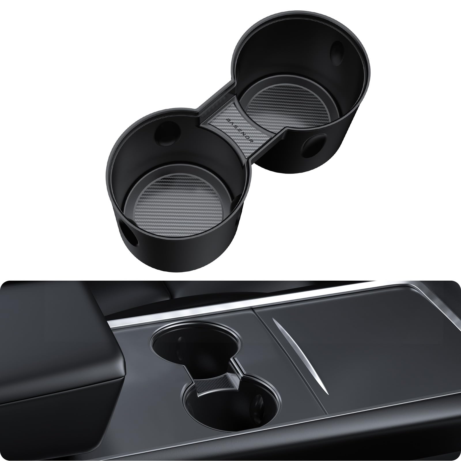 BASENOR 2025 Neueste Center Console Cup Halter Einsatz [Carbon Edition] [Fit Trenta Tassen] für 2021-2024 Tesla Modell Y Modell 3 [Nicht kompatibel mit Modell 3 2024 Highland] von BASENOR