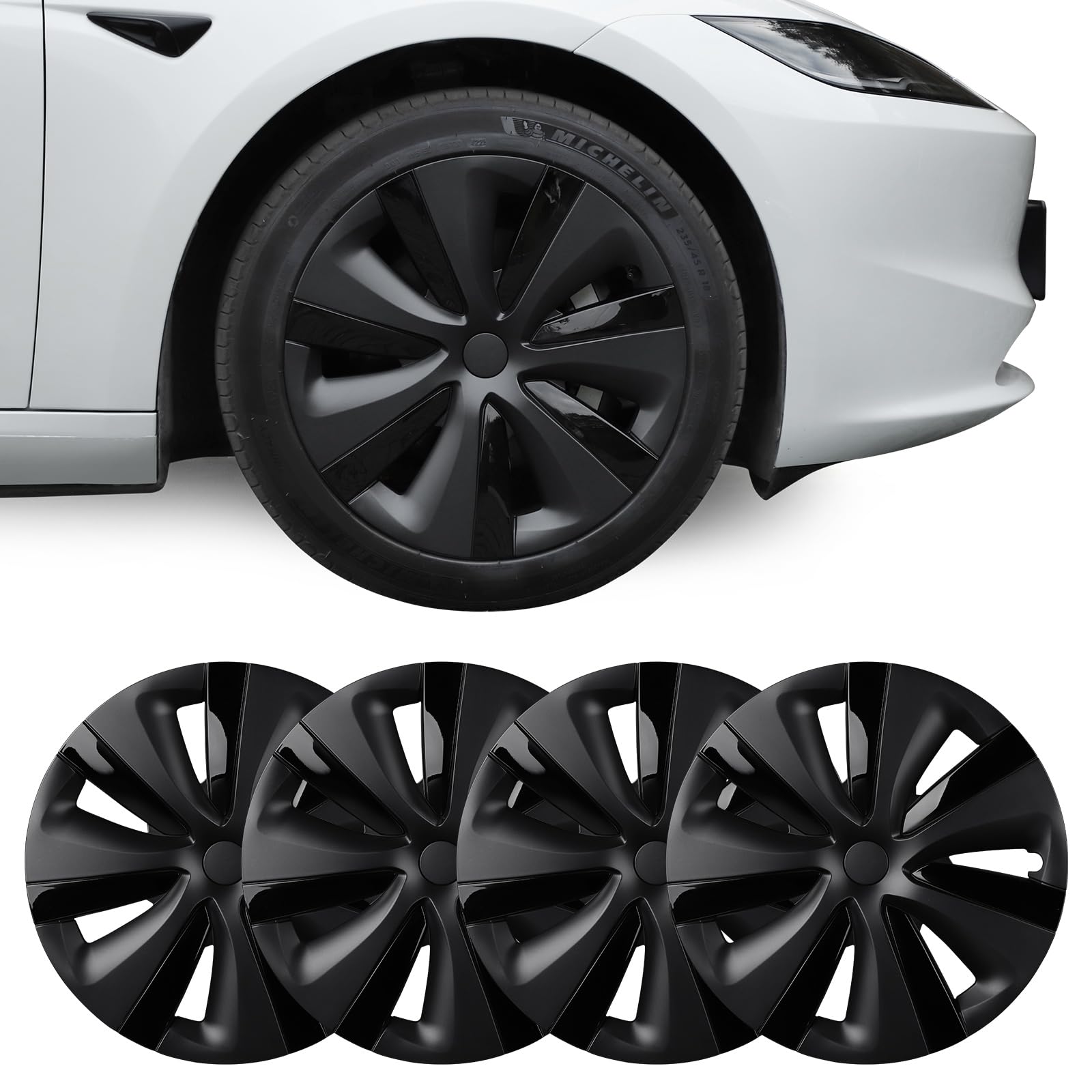 BASENOR 2024 Radabdeckung 18 Zoll für Tesla Model 3 Aero Radkappen-Set OEM ABS Felgenschutzabdeckung Ersatz Matte Black Model 3 Zubehör Highland (Set aus 4 Stück) von BASENOR