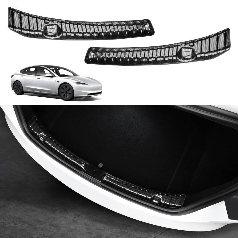 BASENOR 2024 Tesla Model 3 Highland Heckstoßstangen-Schutzleiste Edelstahl Kofferraum-Schwellenabdeckung Kohlefaser Tesla Innenausstattung Zubehör von BASENOR