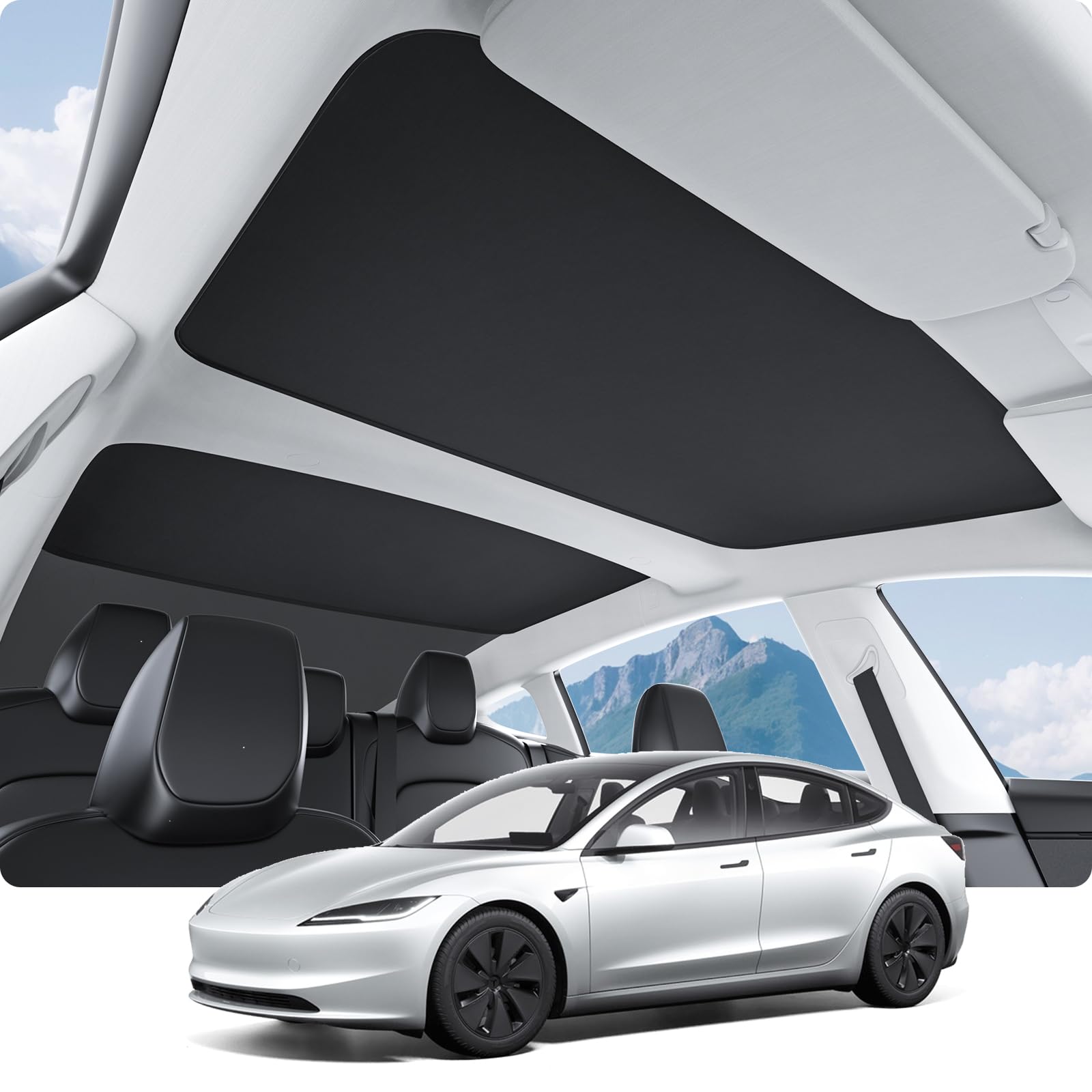 BASENOR 2025 2024 Tesla Model 3 Sunshade Roof, [Nano Ice-Crystal Coatings] Heat Insulation Glass Roof Shade, Top Window Retractable Sun Protection, Sunroof Blocking Cover for Model 3 Highland Black von BASENOR