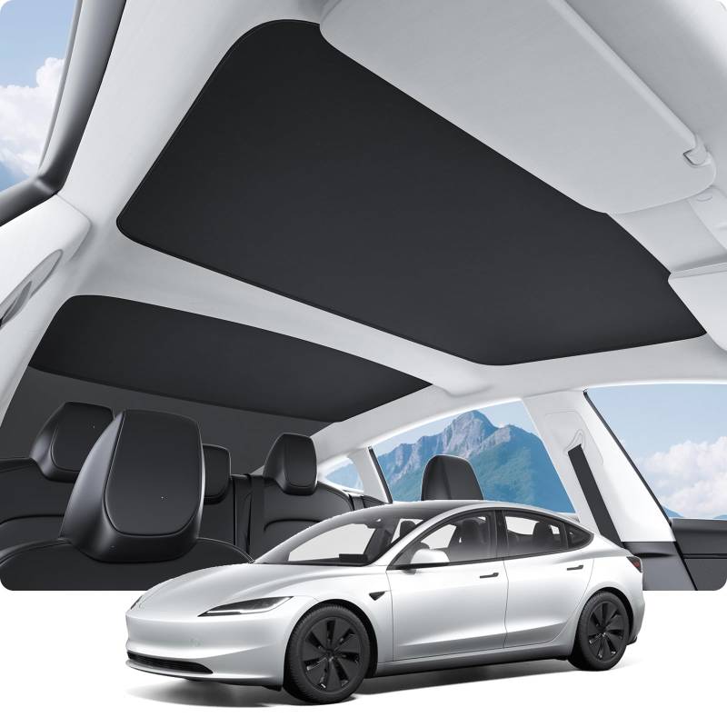 BASENOR 2025 2024 Tesla Model 3 Sunshade Roof, [Nano Ice-Crystal Coatings] Heat Insulation Glass Roof Shade, Top Window Retractable Sun Protection, Sunroof Blocking Cover for Model 3 Highland Black von BASENOR