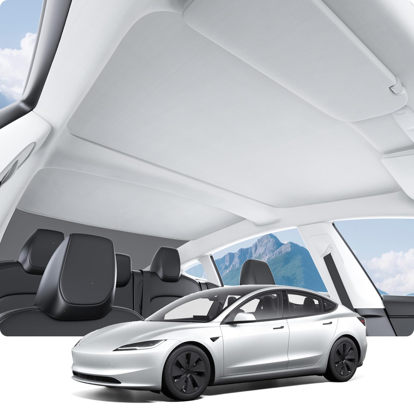 BASENOR 2025 2024 Tesla Model 3 Sunshade Roof, [Nano Ice-Crystal Coatings] Heat Insulation Glass Roof Shade, Top Window Retractable Sun Protection, Sunroof Blocking Cover for Model 3 Highland Grey von BASENOR