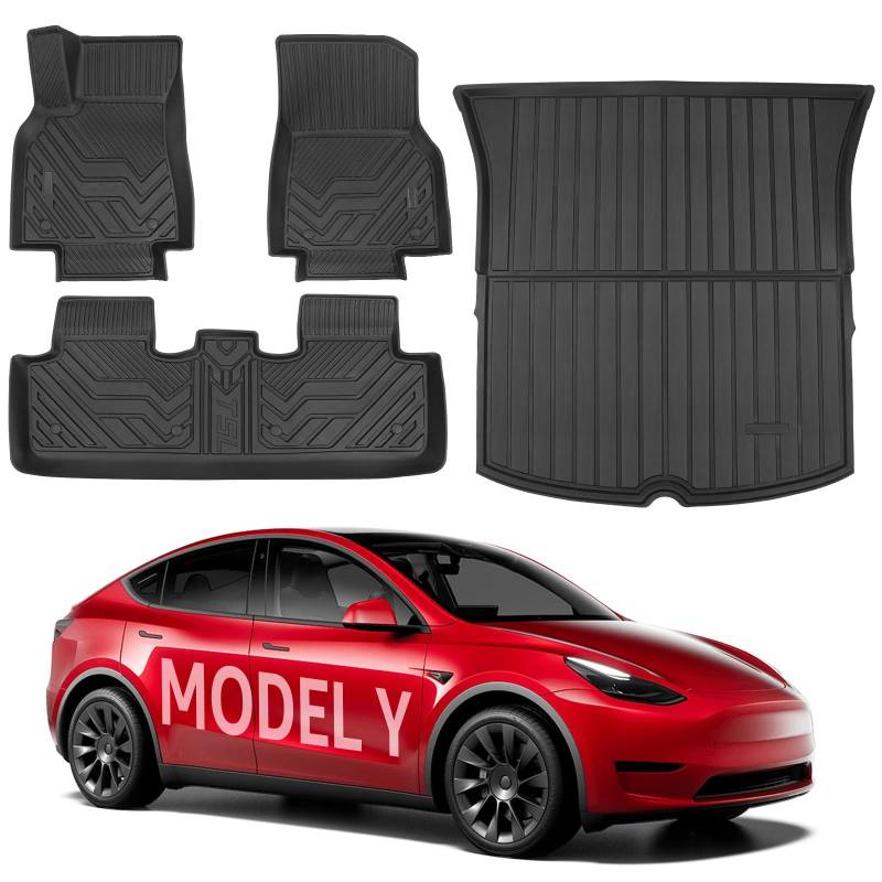 BASENOR 4 STÜCKE Tesla Model Y Fußmatten TPE Allwetter-Bodenauskleidungen Kofferraummatten Set Kofferraumwanne Innenausstattung für Model Y 2021 2022 2023 von BASENOR