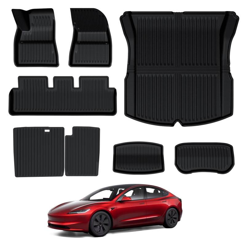 BASENOR 8PCS Fußmatten für 2024 2025 Tesla Modell 3, Allwetter 3D Material Cargo Car Kofferraum Matten Front Heck Cargo Liner für Modell 3 Highland Zubehör von BASENOR