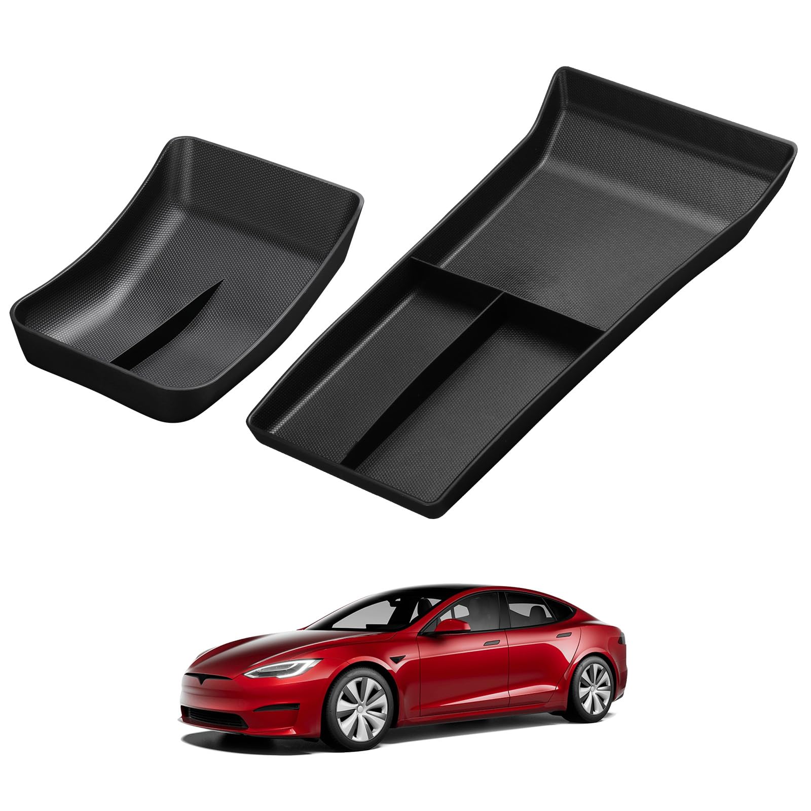 BASENOR Tesla Center Console Organizer Tray Pad und untere untere Konsolenarmlehnen-Aufbewahrungsbox TPE für Model S Model S Plaid Model X Model X Plaid Innenraumzubehör 2022-2024 (2 Stück) von BASENOR