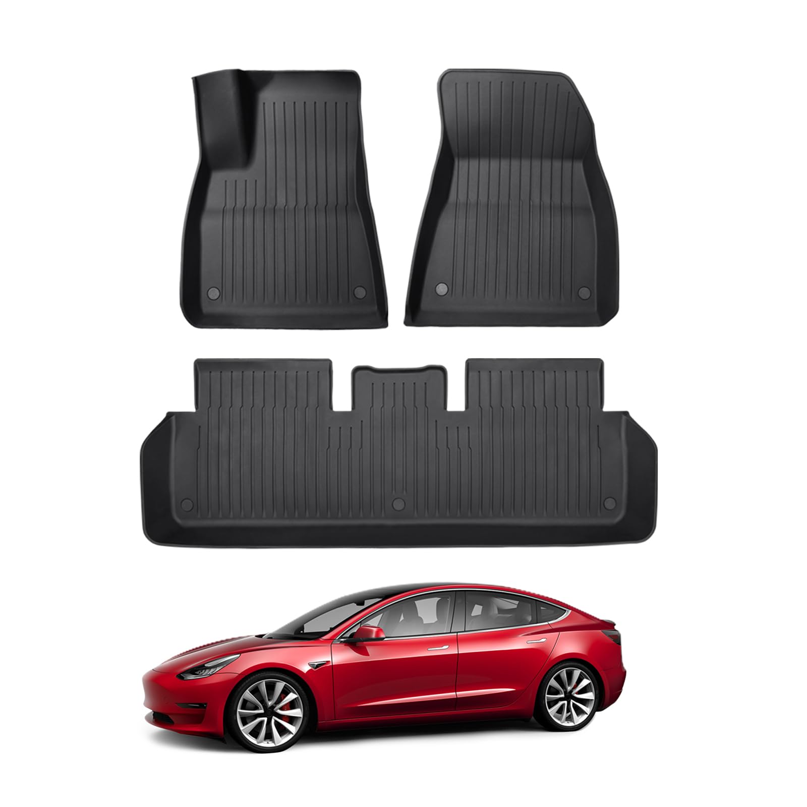 BASENOR Tesla Model 3 Fußmatte Allwetter TPE Anti-Rutsch-Matten wasserdichte Innenraumverkleidung Vordere Hintere 2 Sitzreihe Ladeflächenverkleidung Model 3 Zubehör 2019-2024(3 Stück) von BASENOR