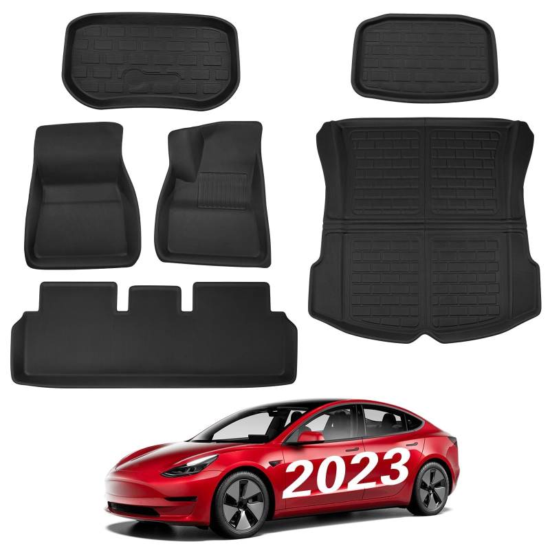 BASENOR Tesla Model 3 Fußmatten 3D Full Set Liner Allwetter Anti Rutsch wasserdichte Frunk und Kofferraummatten Zubehör Kompatibel mit Model 3 2023 2022 2021 von BASENOR