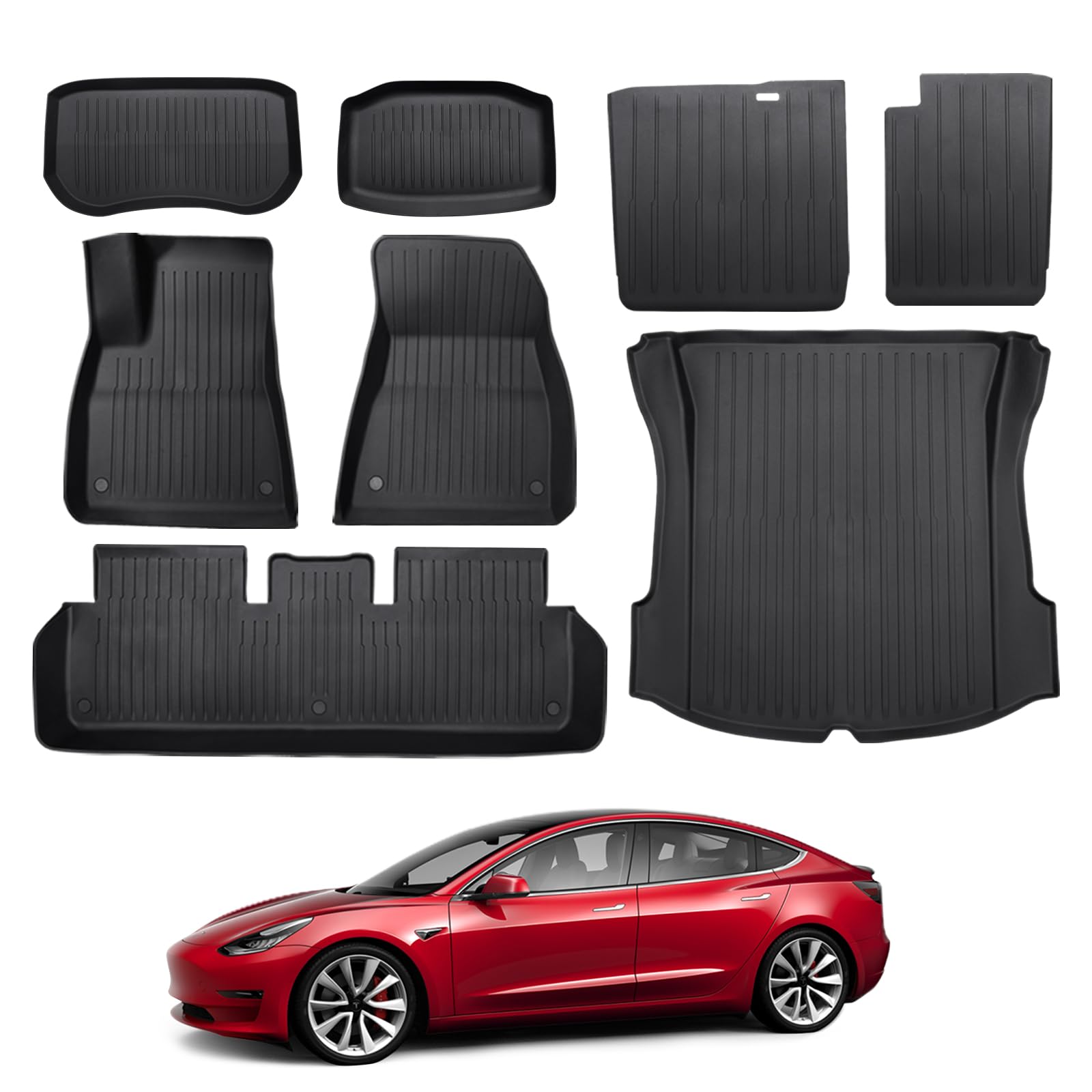BASENOR Tesla Model 3 Fußmatten Seat Allwetter wasserdicht TPE Kofferraummatte Anti-Rutsch Vorder Rückseite Rückenabdeckung für die zweite Sitzreihe Tesla 3 Innenraum Zubehör 2021 2022 2023 8 Stück von BASENOR