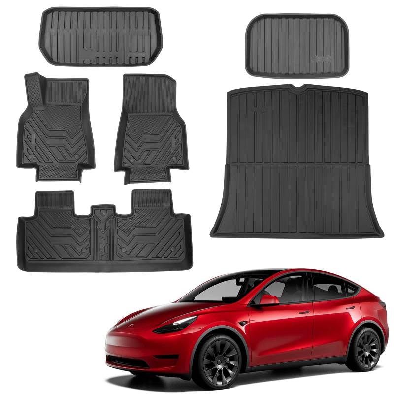 BASENOR Tesla Model Y Bodenmatte TPE Full Set Matten Strapazierfähig Allwetter Wasserdicht Schutz Cargo Liner Zubehör Passend für Model Y 2024 2023 2022 2021 Bodenbeläge von BASENOR