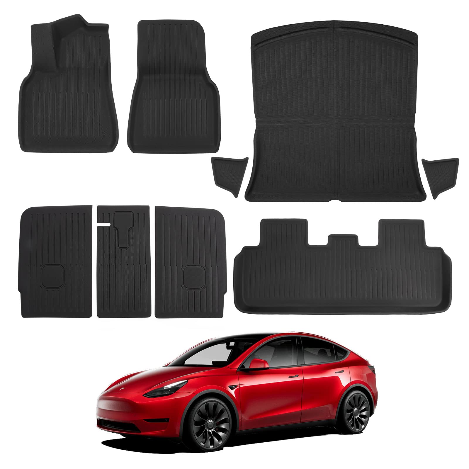 BASENOR 2025 Tesla Model Y Fußmatten 3D Komplettset Allwetter-Anti-Rutsch wasserdichte Kofferraummatte Zweite Sitzreihe Rückenabdeckung Schutzmatte Zubehör Kompatibel 9er-Set (passend für 5-Sitzer) von BASENOR