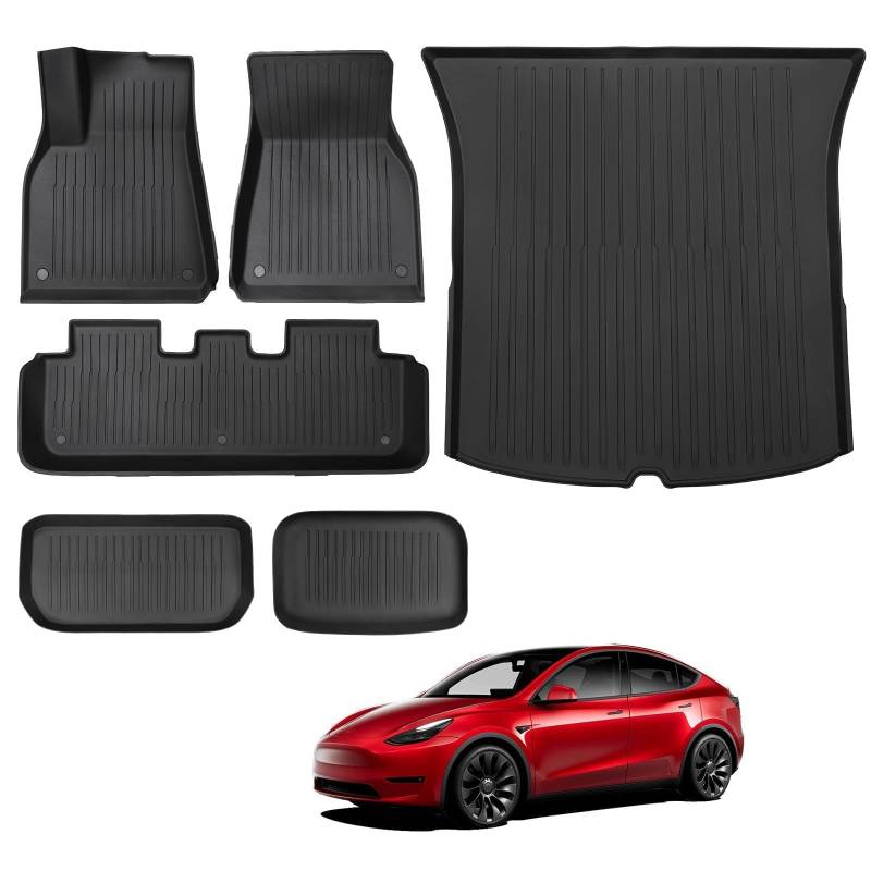 BASENOR Tesla Model Y Fußmatten Set Allwetter wasserdichte Bodenmatte Abnehmbare Anti Rutsch Teppich Innenfutter Vorne Hinten Laderaum-Liner Model Y Zubehör 2021 2022 2023 2024 (6 Stück Model Y) von BASENOR