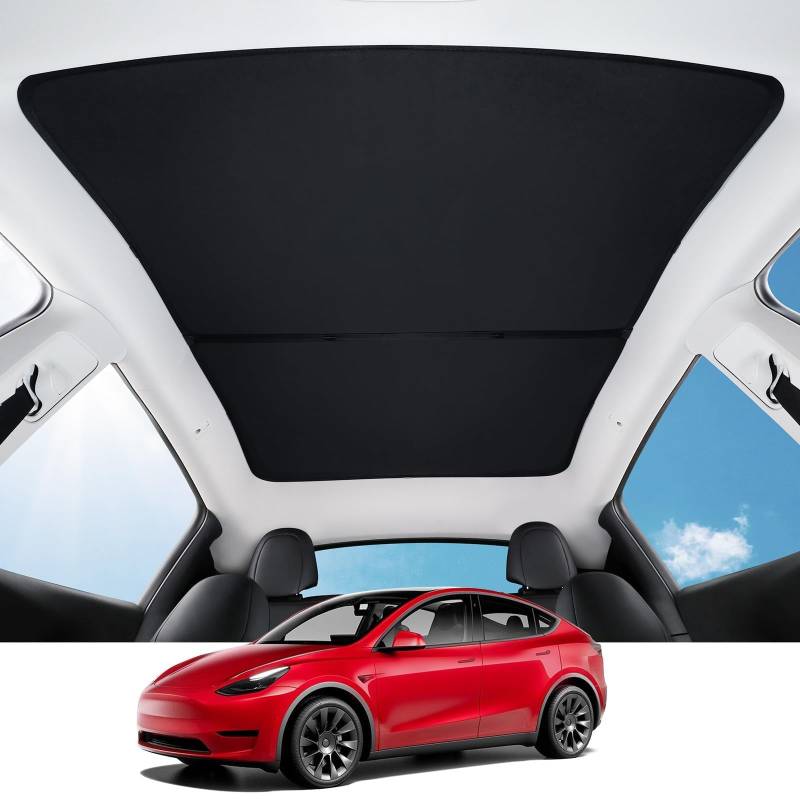BASENOR Upgraded Tesla Model Y Sunshade Roof, [Nano Ice-Crystal Coatings] Heat Insulation Glass Roof Shade, Top Window Retractable Sun Protection, Sunroof Blocking Cover for Model Y 2020-2024 Black von BASENOR