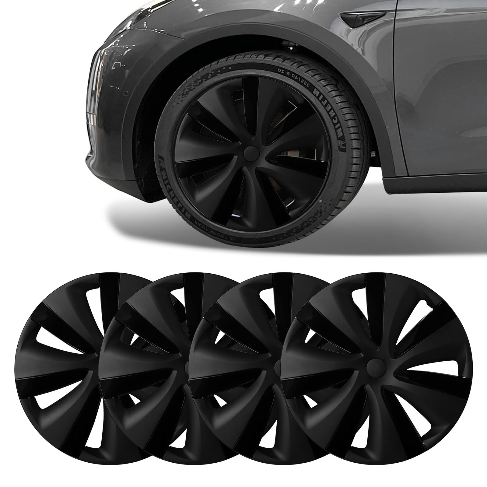 BASENOR Tesla Model Y Radabdeckung 19 Zoll Hubcap Radnabenkappen OEM Felgenschutz Abdeckung Ersatz Matte Black Hubcaps Outdoor Zubehör Set von 4 (Model Y 19 Zoll Storm Dual-Tone Edition) von BASENOR