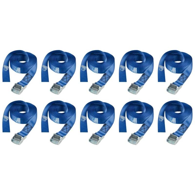 BASI | 10er Set Spanngurte mit Klemmschloss | bis 100 KG belastbar | Zurrgurte in blau | Länge 250 cm x Breite 2,5 cm | Befestigungsriemen | TÜV geprüft | Expander mit Schnappverschluss | 10 Stück von BASI
