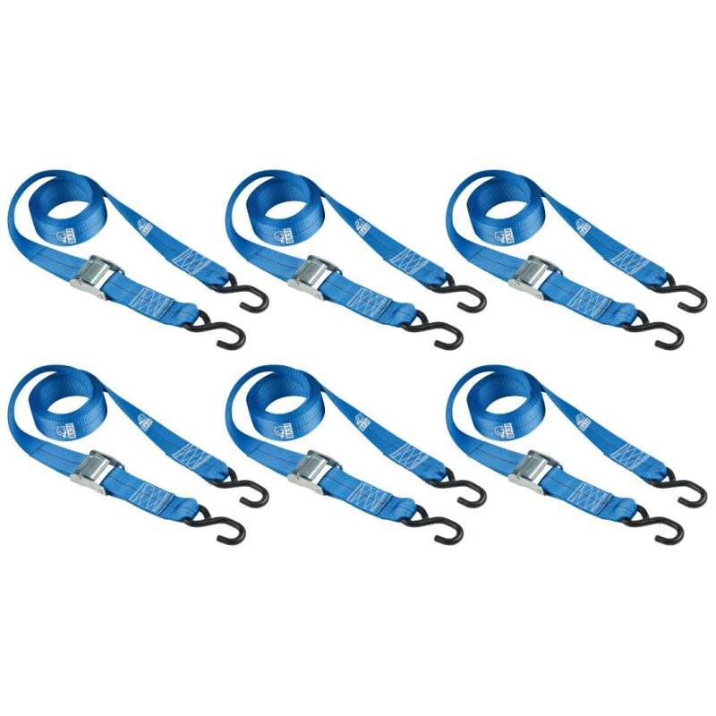 BASI | 6er Set Spanngurte mit Klemmschloss und S-Haken | bis 125 KG | Zurrgurte in blau | Länge 200 cm x Breite 2,5 cm | Befestigungsriemen | TÜV geprüft | Expander mit Schnappverschluss | 6 Stück von BASI