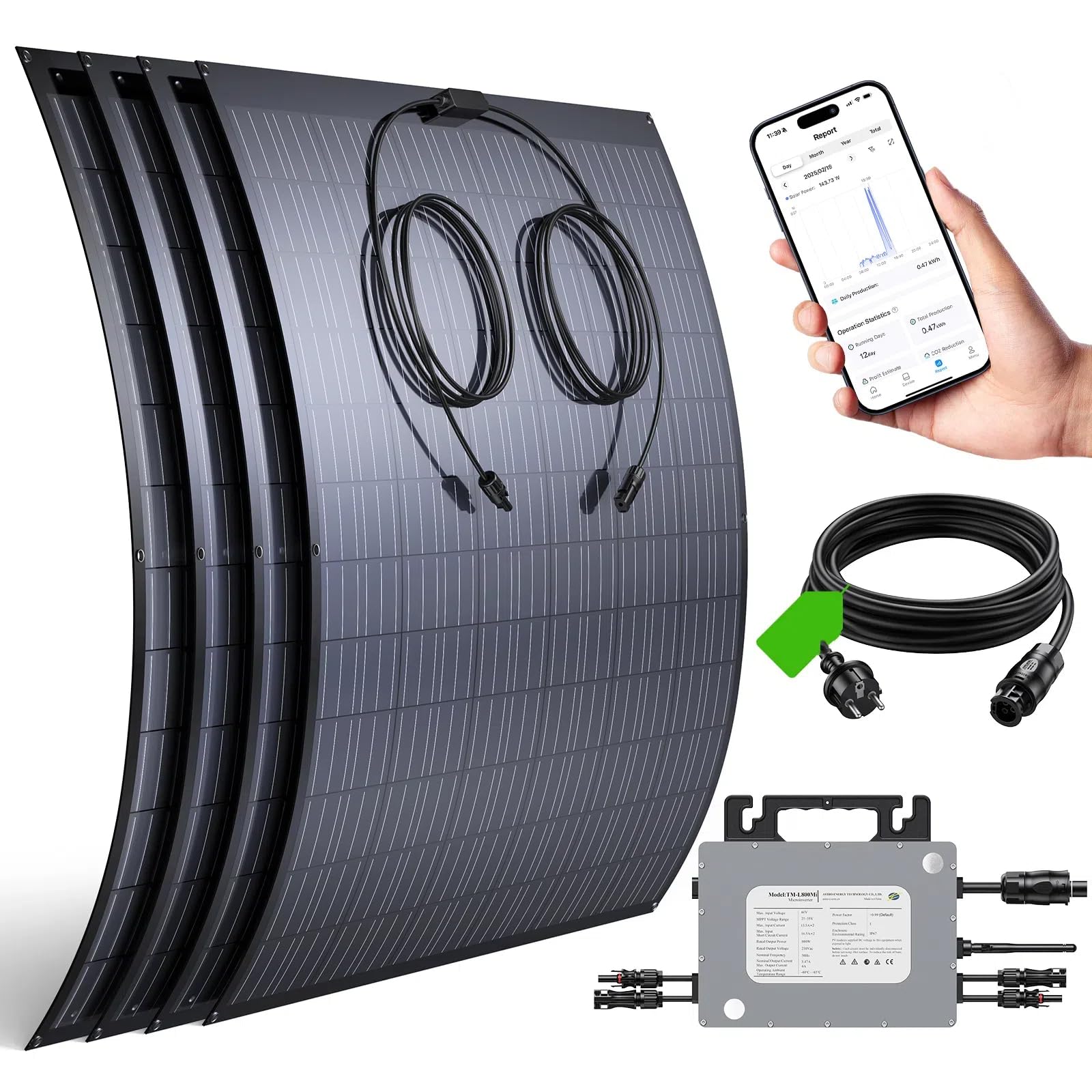 960W Balkonkraftwerk - 800W komplett Steckdose wechselrichter mit 4X 240W Flexible Solarmodule - Solaranlage Komplettset mit 5m Kabel - 960W Flexibles Solarpanel mit 3 m MC-4 Kabel von BATENORY