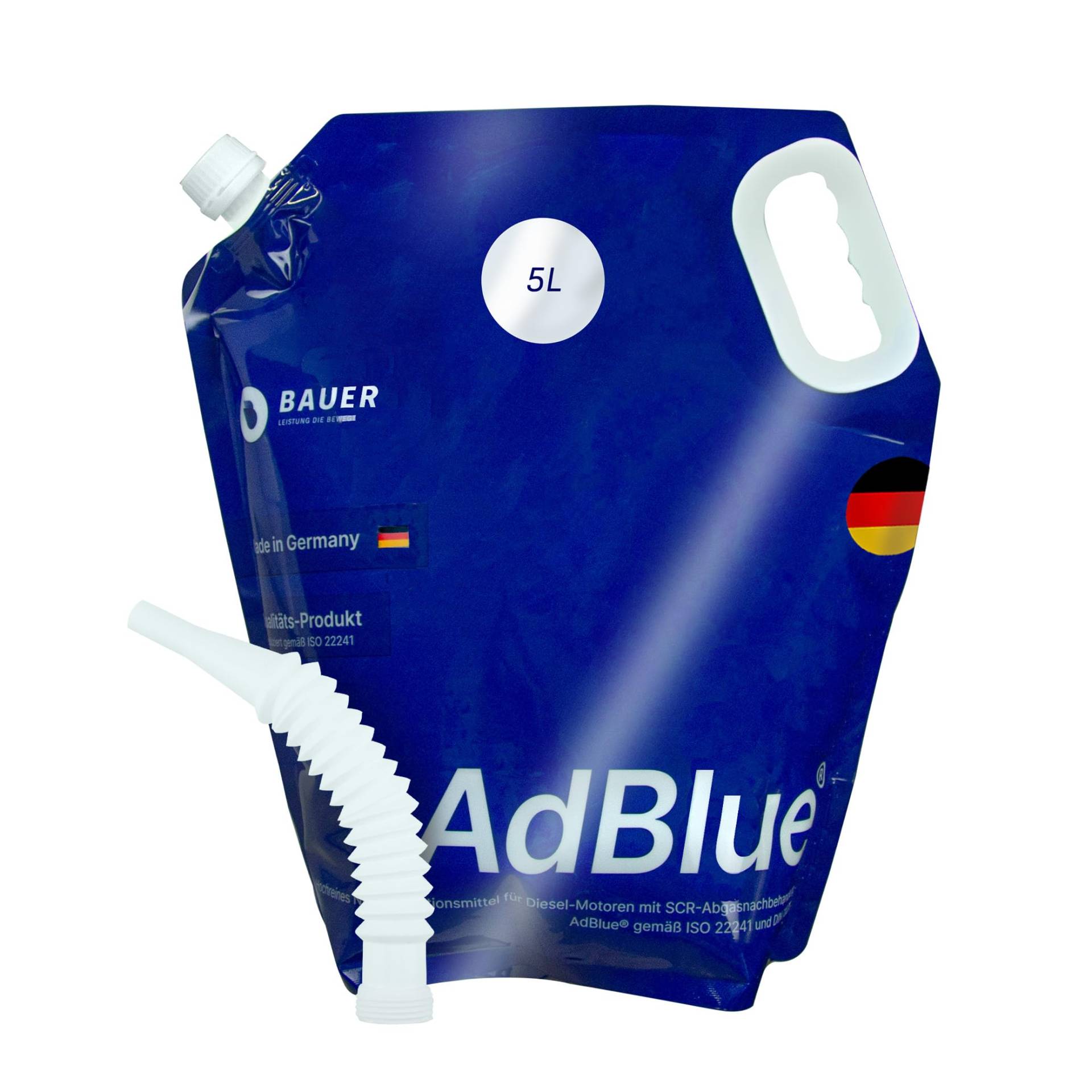 BAUER BLUE AdBlue Premium Harnstofflösung Standbeutel mit Ausgießer für Diesel-Motoren, ISO 22241 Konform – Optimale SCR-Abgasnachbehandlung, Made in Germany (5 Liter) von BAUER BLUE