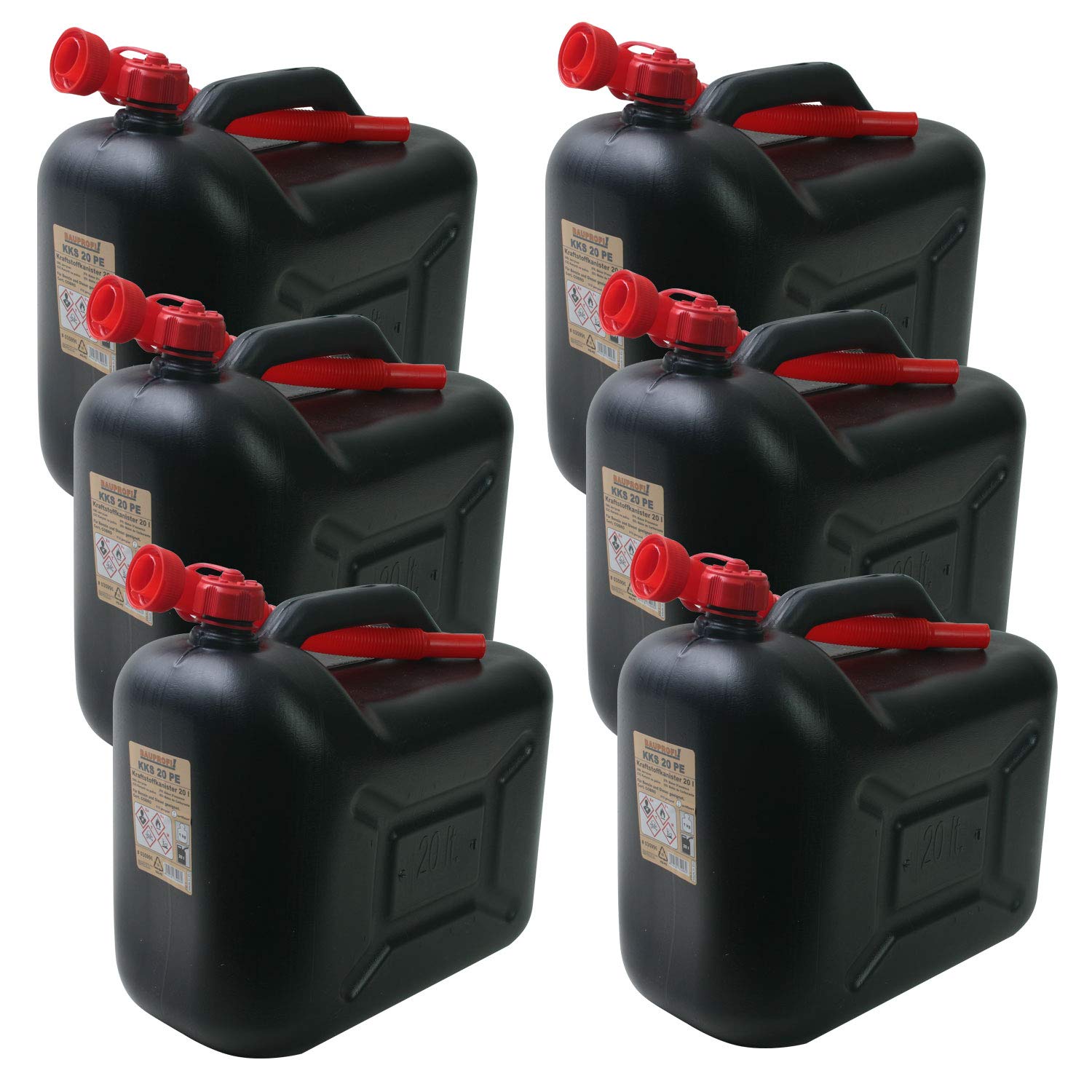BAUPROFI 6er Set: 6X Benzinkanister KKS 20 PE schwarz 20 Liter Kraftstoffkanister 20L von BAUPROFI