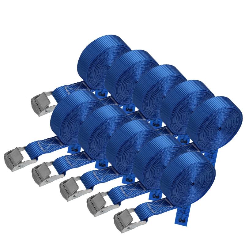 Zurrgurt Spanngurt belastbar bis 250 kg DIN EN 12195-2 Befestigungsgurt Klemmverschluss Befestigungsriemen blau verschiedene Längen Stückzahlen, 10er Pack 2.5 cm x 6 m von BB Sport