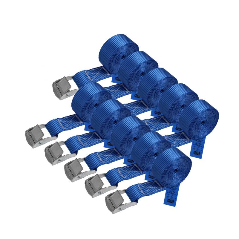 Zurrgurt Spanngurt belastbar bis 250 kg DIN EN 12195-2 Befestigungsgurt Klemmverschluss Befestigungsriemen blau verschiedene Längen Stückzahlen, 10er Pack 2.5 cm x 2.5 m von BB Sport