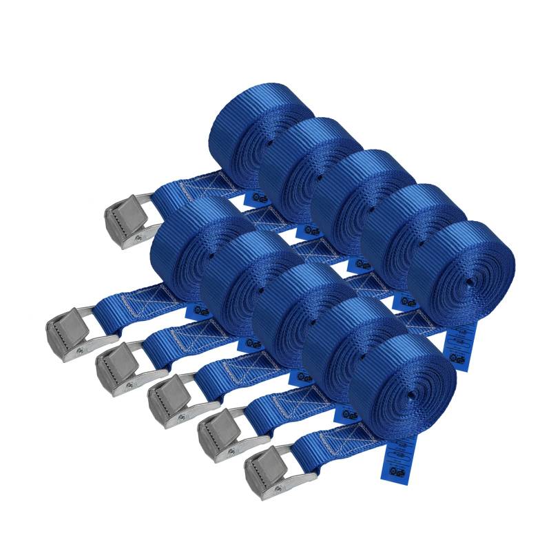 Zurrgurt Spanngurt belastbar bis 250 kg DIN EN 12195-2 Befestigungsgurt Klemmverschluss Befestigungsriemen blau verschiedene Längen Stückzahlen, 10er Pack 2.5 cm x 4 m von BB Sport